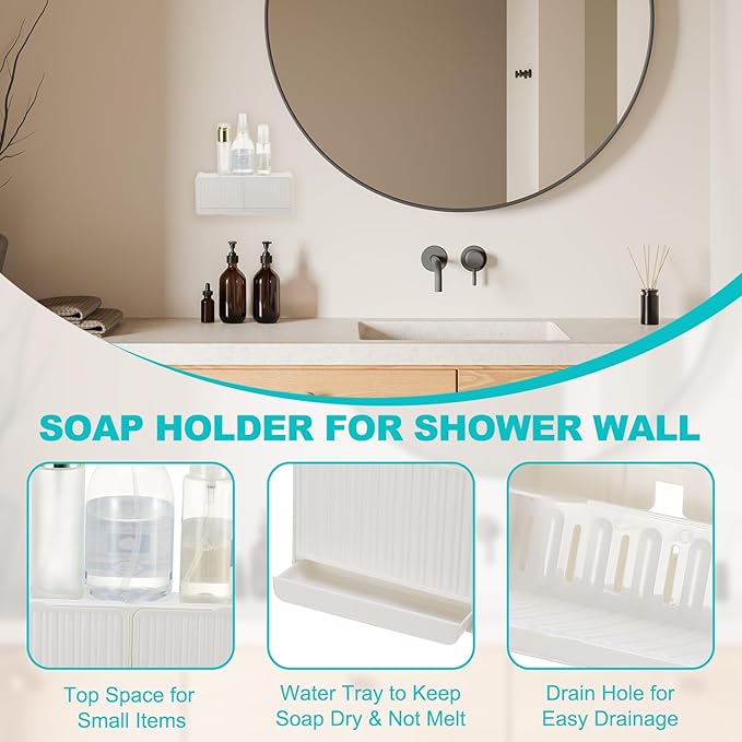 uxcell Soap Holder, 10 x 3.94 x 2 Inches Double Grid Wall Mounted No Drill Soap Dish for Shower, Bathroom & Kitchen - Self Draining Design Keeps Soap Dry (Khaki)