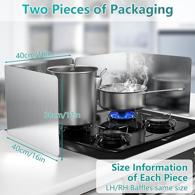 Kitchen Splash Guard 16"x12" (2 PCS) - Heavy-Duty Stainless Steel, Foldable Oil & Water Shield
