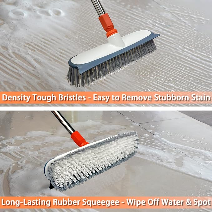 Scrub Brush for Floor Cleaning,12" Wide Brush Head with Rubber Squeegee & Stiff Bristles,Heavy Duty Tile Brush with Long Handle for Bathroom,Walk in Shower, Carpet, Wall,Boat Deck