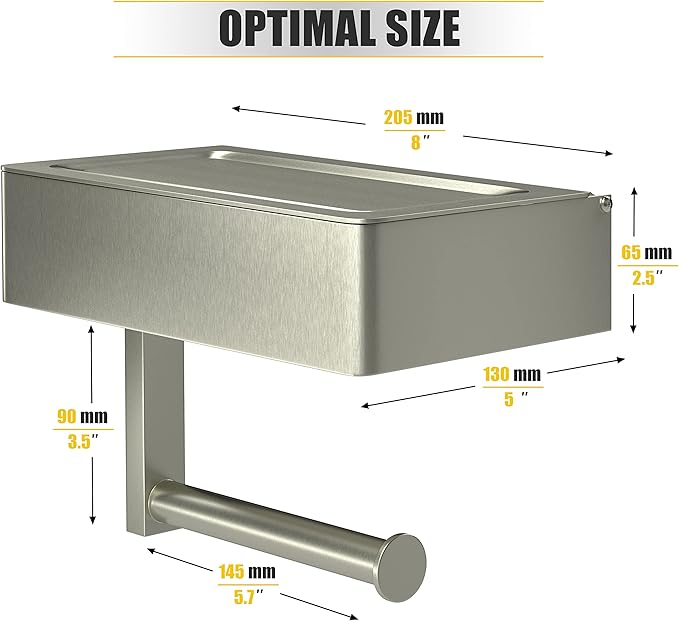 Brushed Nickel Toilet Paper Holder Wall Mounted with Shelf & Wipes Storage – Stainless Steel SUS304 Modern Toilet Tissue Roll Holder for Bathroom, Kitchen – Adhesive and Screw Installation