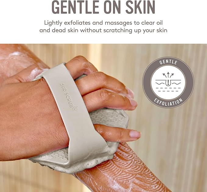 Sud Scrub® Antimicrobial Silicone Body Scrubber, Exfoliating Body Scrubber for Sensitive Skin, Eco Friendly Shower Scrubber for Body, Silicone Body Brush for Showering, Clay