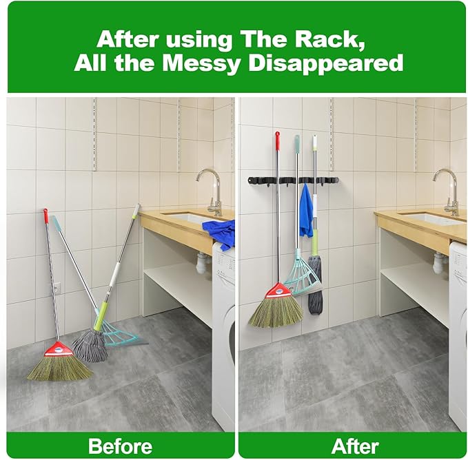 Mop and Broom Holder Wall Mount, 3 Racks with 4 Hooks, Stainless Steel Broom Organizer, Self Adhesive or Screw Mounted, Heavy Duty Storage for Home Kitchen Laundry Garage (silver)