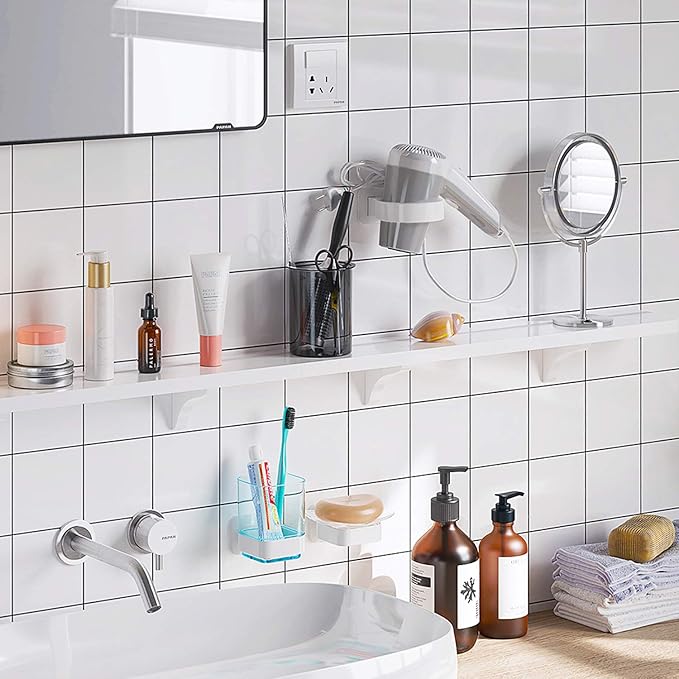 Wall-Mounted Tumbler and Toothbrush Holder, Wall Mounted Adhesive Hanging Electric Toothbrush Organizer Stand for Bathroom, No Drilling Required (Blue+Chrome, 3.93"X3.93"X2.97")