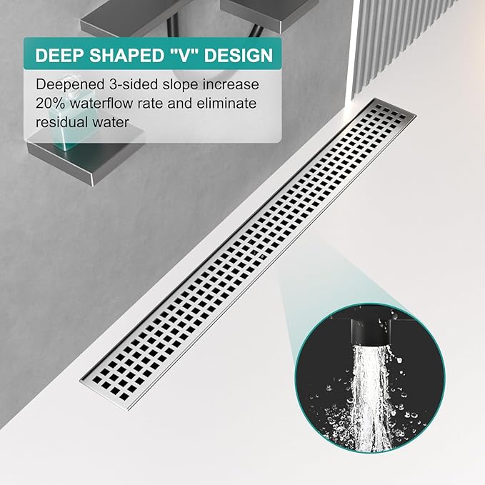 36 Inch Linear Drain Shower Rectangular Floor Drain with Removable Square Hole Cover and Hair Catcher, Long Shower Drains 304 Stainless Steel CUPC Certified (Brushed Nickel)