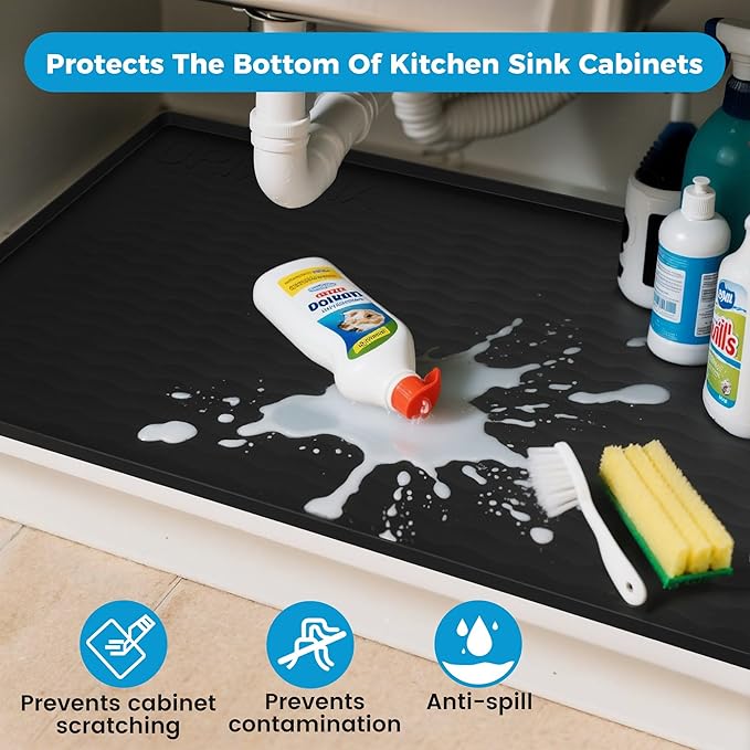 URMONA 34'' x 22'' Waterproof Silicone Under Sink Mat Cabinet and Counter Protector, Shelf Liner for Kitchen and Bathroom, Storage and Organizers, Litter Mat, Pet Cat Puppy Essentials（White Sand）