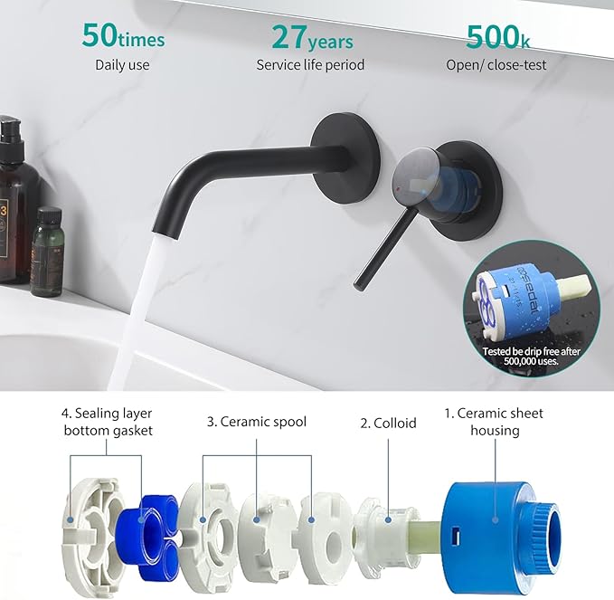 Weshi Bathroom Faucets Wall Mount Matte Black Bathroom Basin Faucet - Single Handle Vanity Tap - Curved Wall Spout Sink Faucet with Rough-in Valve