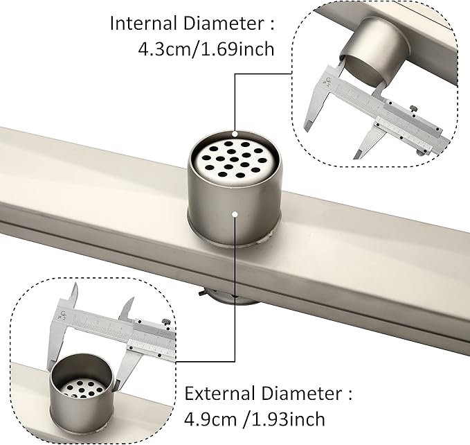 28 inch Linear Shower Drain with Removable Square Hole Panel by Using Brushed 304 Stainless Steel Process, Linear Drain Equipped with Adjustable Feet and Hair Strainer