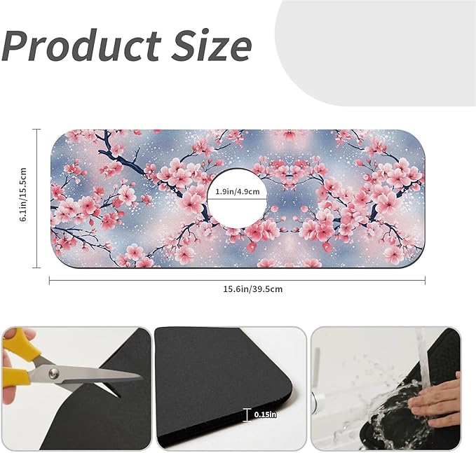 Faucet Draining Mat For Kitchen Sink, Japanese Pink Cherry Blossoms Diatom Mud Absorbent Drain Pad For Bathroom Kitchen Sink Splash Guard Drying Mat