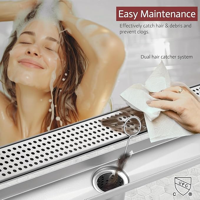 12 Inch Linear Shower Drain, Brushed Nickel Shower Drain,Removable Grate, 304 Stainless Steel, Easy to Install and Clean for Bathrooms (Drain Base Not Included), LSD-04A-12S