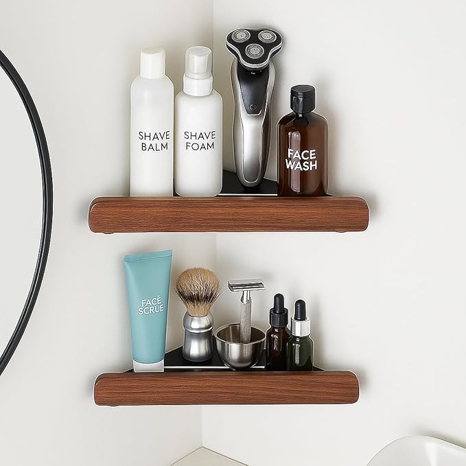 2-Tier Corner Shower Shelf, Walnut Wood Shower Caddy for Bathroom, Waterproof Wall Mounted Corner Organizer for Shampoo & Toiletries, No-Drill Triangle Corner Storage Rack With Glue Accessories