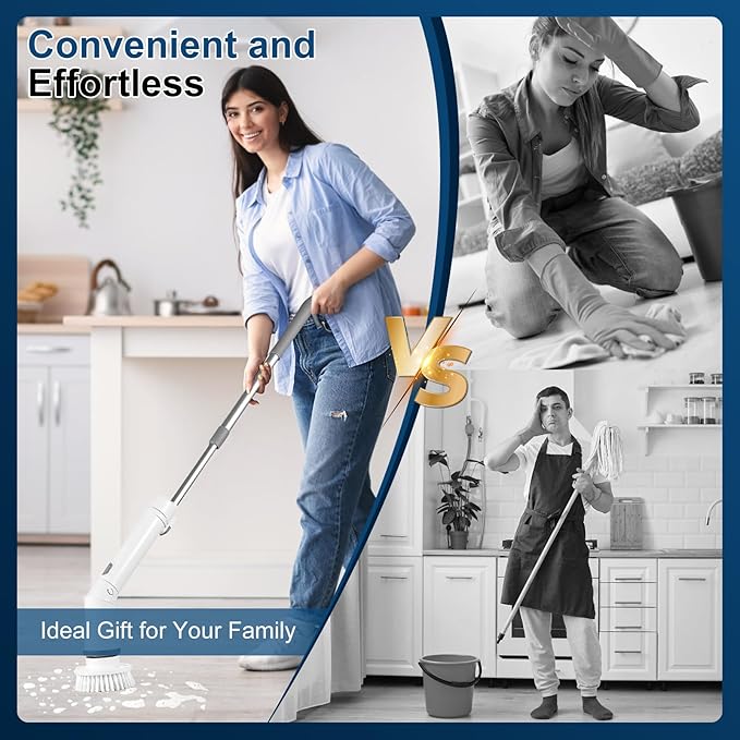 Electric Spin Scrubber, 2 Speed Adjustable Cordless Cleaning Brush with 6 Replaceable Heads, Waterproof Electric Telescopic Brush for Cleaning Bathroom, Tub and Tile Floor