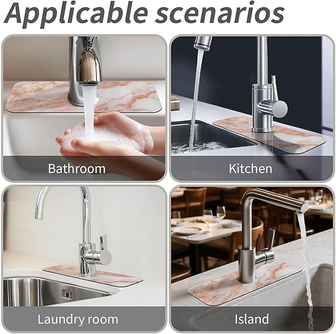 Kitchen Sink Splash Guard，Rose gold white marble Faucet Mat Sink Gadgets-Super Absorbent Fast Drying Mat Drip Catcher for Kitchen, Bathroom,Sink Mat, Dish Drying Mat, Bathroom(15" X 5.5" )