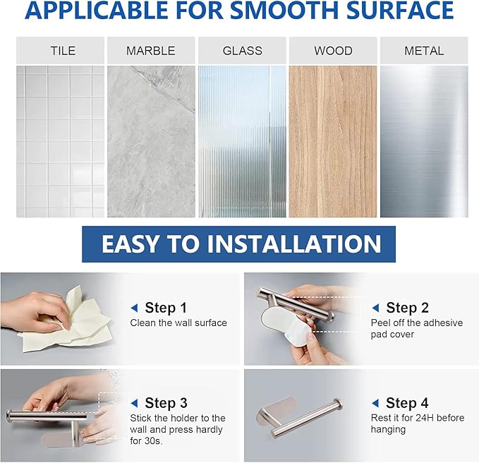 athroom Toilet Paper Holder Self-Adhesive Roll Holder Wall Mount Stainless Steel no Drilling Tissues Holder Stick on Wall White