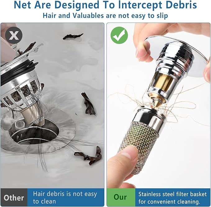 2pcs Bathroom Sink Drain Strainer Pop Up Sink Drain Stopper with Removable Stainless Steel Filter Basket, for US Universal Bathroom Kitchen Basin Sink Stopper Bathroom Sink Stopper