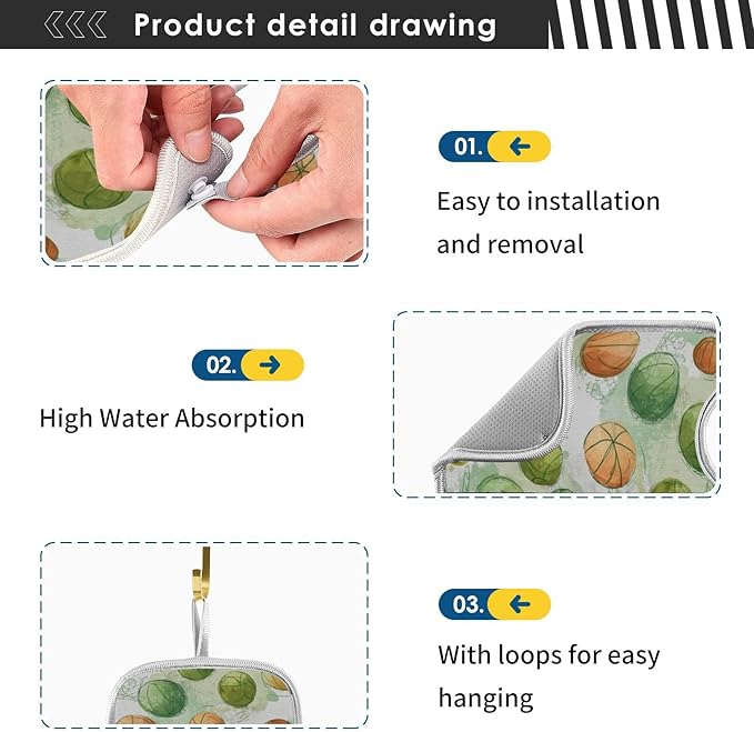 2 PCS Kitchen Sink Splash Guard 14.9 Inch Faucet Mat for Kitchen Sink Bathroom Sink Faucet Absorbing Drip Drain Mat Pad Microfiber Soft Washable Orange and Green Basketball Stars