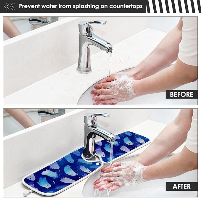 2 PCS Kitchen Sink Splash Guard 30 Inch Faucet Mat for Kitchen Sink Bathroom Sink Faucet Absorbing Drip Drain Mat Pad Microfiber Soft Washable Halloween Orange Blue Ghosts