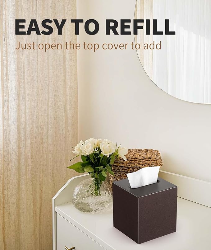 Livelab Metal Tissue Box Cover, Square Tissue Box Holder Modern Decor Facial Napkin Holder Dispenser for Bathroom Vanity Countertop, Living Room, Bedroom, Office | Brown Pebble Grain