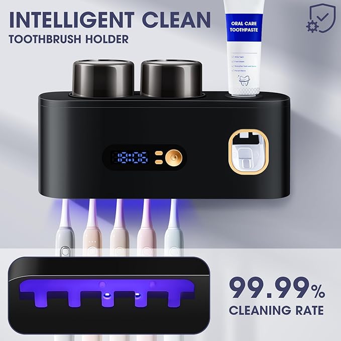 Toothbrush Holders Cleaner & Dryer for Bathroom,LXIANGN Smart Wall Mounted Toothbrush Holders with Countdown LED Screen,5 Toothbrush Slots,2 Cups and Toothpaste Dispenser (Black)