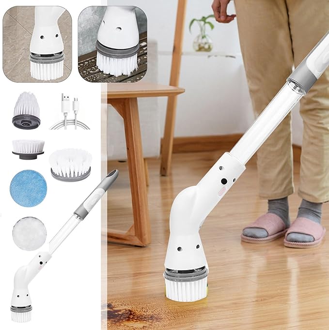 Electric Spin Scrubber, Cordless Cleaning Brush, 5 Brush Heads Rotary Power Cleaner, 90 Mins Runtime, Rechargeable Deep Clean Brush for Bathroom Kitchen Sink Tile Glass and Car (White)
