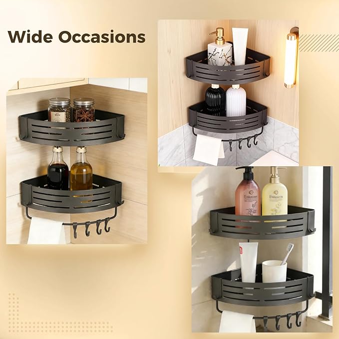 2 Pcs Corner Shower Caddy, No Drilling Aluminum Organizer, Triangular Bathroom Shelves with Towel Bar & Hooks, Rustproof Wall Mount Space-Saving for Shower & Kitchen