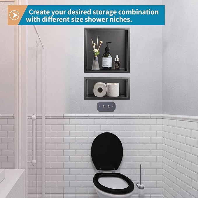 12"×6" Shower Niche Brushed Stainless Steel, Recessed Shower Caddy, Bathroom Shelf Insert Fits for 11"x5.1" Wall Hole Installation (Light Black)