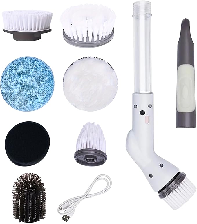 Kitchen Brushes, Electric Cleaning Brush Cordless Electric Spin Scrubber with Adjustable Stretchable Arm and 6 Replacement Brush Heads Spin Scrubber for Tile Floor Cleaning Tool, Set 1