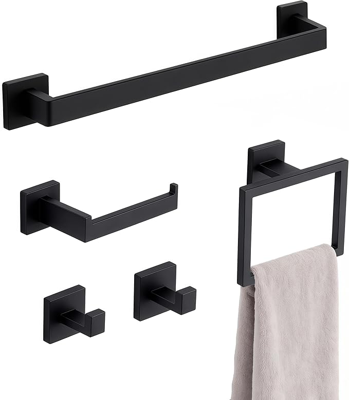 5 Pieces Matte Black Bathroom Hardware Accessories Set, 23.6 Inch Stainless Steel Towel Bar Set, Wall Mount Toilet Paper Holder, Towel Holder, Towel Hooks for Bathroom