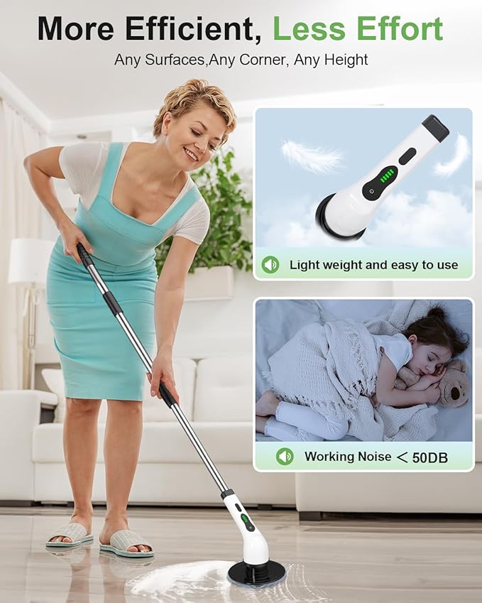 Electric Spin Scrubber, Cordless Cleaning Brush, Shower Scrubber IPX7 Waterproof Bathroom Scrubber, Adjustable Extension Handle, Floor Polishers 7 Heads 2H Power Dual Speed for Floor Car Cleaning.