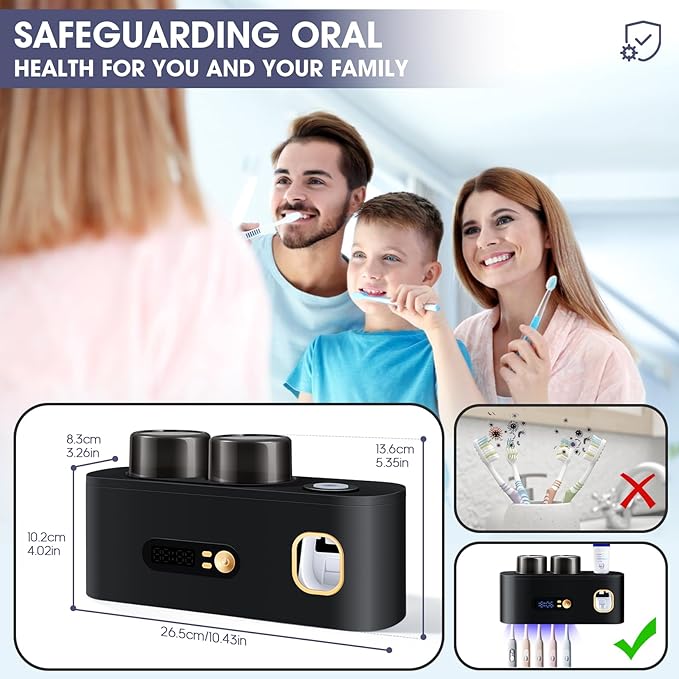 Toothbrush Holders Cleaner & Dryer for Bathroom,LXIANGN Smart Wall Mounted Toothbrush Holders with Countdown LED Screen,5 Toothbrush Slots,2 Cups and Toothpaste Dispenser (Black)
