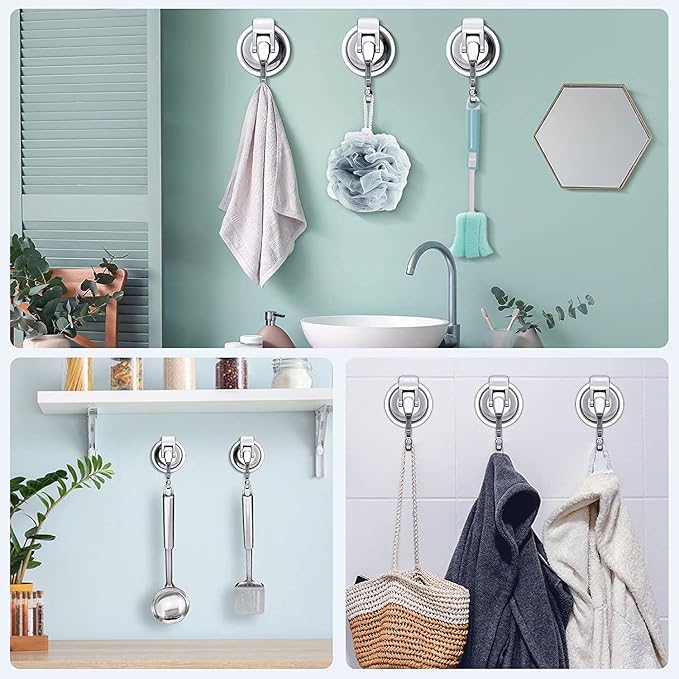 Wreath Hanger,6Pack, Silver-Plated Plished Suction up for Window Glass Kitchen Bathroom Hooks Reusable Without Punching for Towel Loofah Robe Coat Wreath Decor