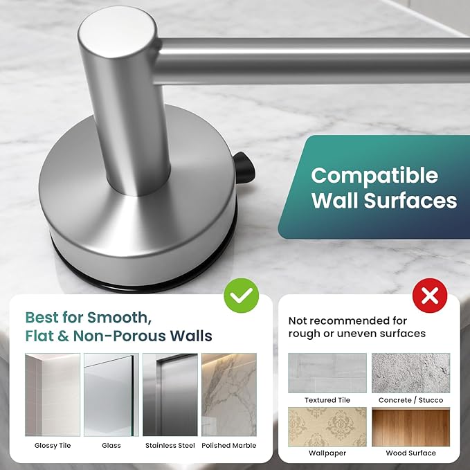 Removable Suction Cup Toilet Paper Holder, No Drilling Bathroom Wall Mount Tissue Roll Holder Brushed Nickel Stainless Steel Damage-Free Easy Install & Reposition Fits Smooth Surfaces