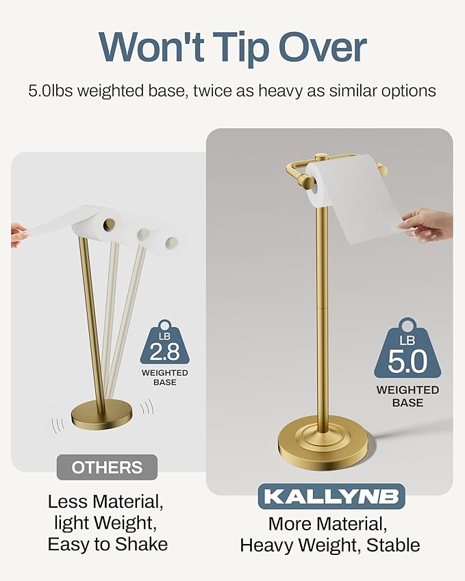 Freestanding Toilet Paper Holder, Double Post Pivoting 22" Height Toilet Roll Holder Floorstanding Base Weighted, Stainless Steel Toilet Paper Holder Stand (Gold)
