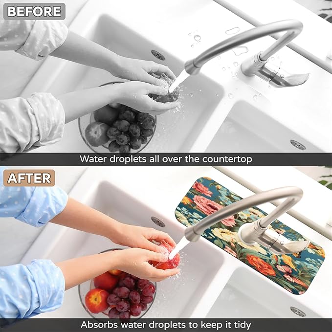 Vivid Flora Butterfly Blend Kitchen Faucet Mat Splash Guard, 15.4”x5.7” Absorbent Quick Drying Sink Mat for Countertop Protection, Draining Mat Sink Protectors For Kitchen Bathroom, 1 Pack