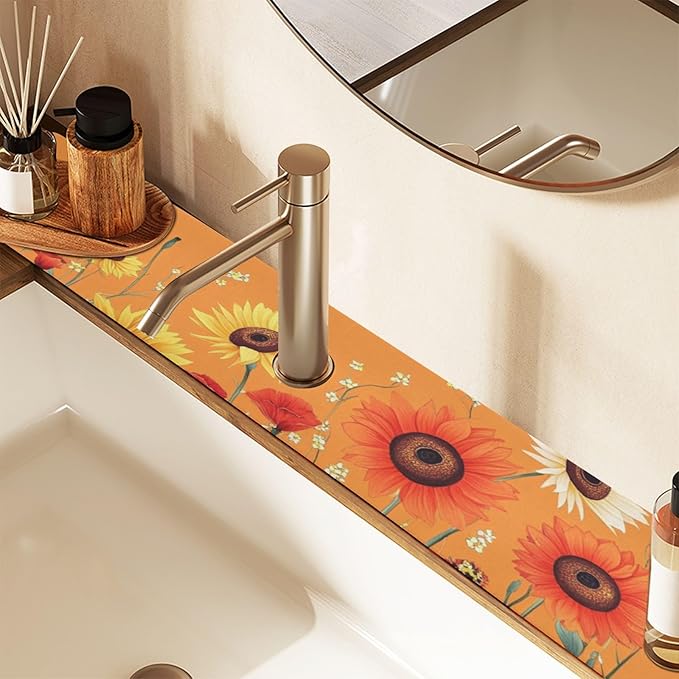 Cartoon Orange Sunflowers Poppy Kitchen Sink Splash Guard Faucet Mat Diatomite Absorbent Pad for Bathroom RV 14.7x5.4in 1PCS water