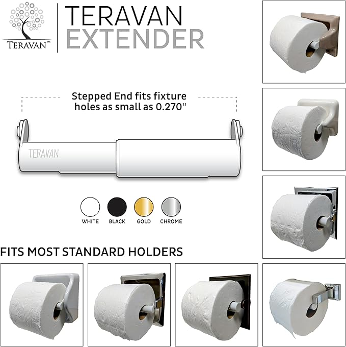 Teravan Standard Toilet Paper Holder Extender for Extra-Large Rolls – Perfect for Double, Triple Rolls in Regular or Ceramic Bathroom Wall Holders, Silver, Set of 2