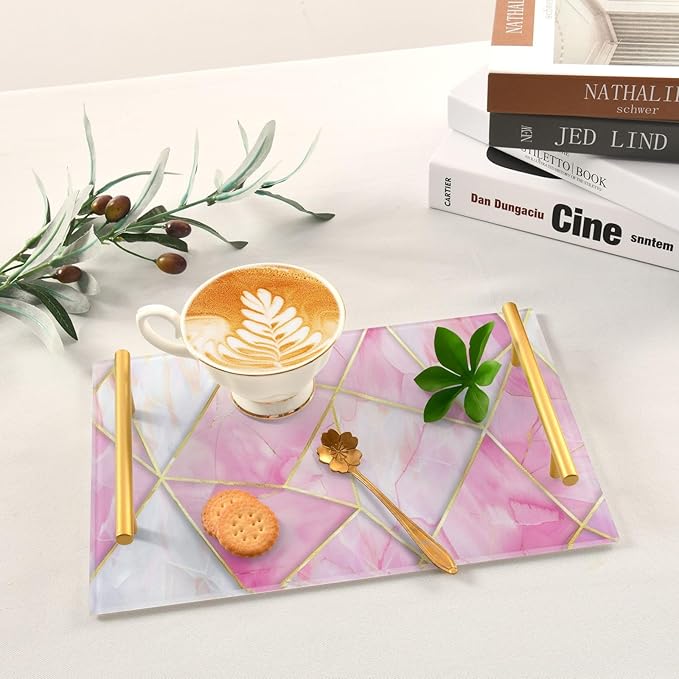 Pink Marble Vanity Tray Acrylic Bathroom Countertop Tray Marbling Decorative for Kitchen Desk Organizer Makeup Storage Tray