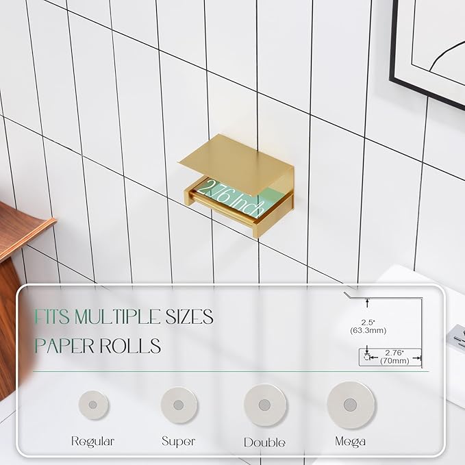KOKOSIRI Roll Paper Holder Spring Loaded Tissue Paper Holder Bathroom Toilet Roll Holder with Shelf Wall Mounted Stainless Steel Brushed Gold B2012BG