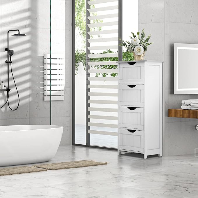 VINGLI White Bathroom Storage Cabinet with 4 Drawers Wooden Freestanding Slim Bathroom Floor Cabinet Small Side Organizer Storage Unit for Restroom Livng Room Kitchen Office Hallway Entryway