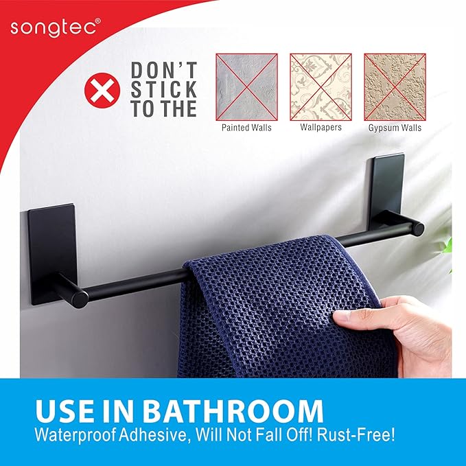 Adhesive Bath Towel Bar 24-inch Black, No Drill Stick On Towel Rack, Easy Install with Self-Adhesive, Premium SUS304 Stainless Steel (Black, 24)