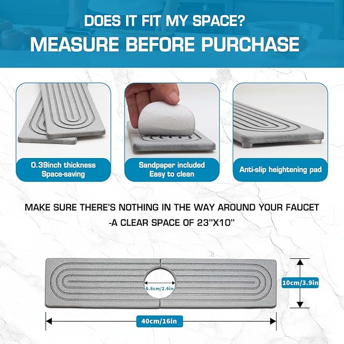 Faucet Mat for Kitchen Sink, Diatomite Quick Drying Tray, Long 23.6'' Kitchen Sink Splash Guard and Bathroom Stone Tray for Counter. Super Absorben. (Light Gray-Rectangle, 15.7" x 4")