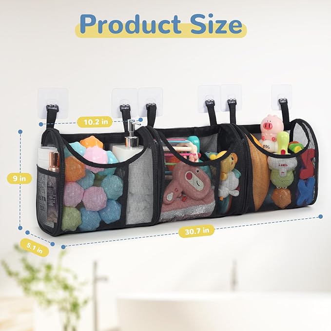 Bathtub Toy Storage, 6 Compartments Detachable Bath Toy Holder for Bathtub, Large Bath Toy Organizer, Quickly Dry Bath Toy Net Basket, Mesh Shower Caddy for Sorting Toys Toiletry - Black