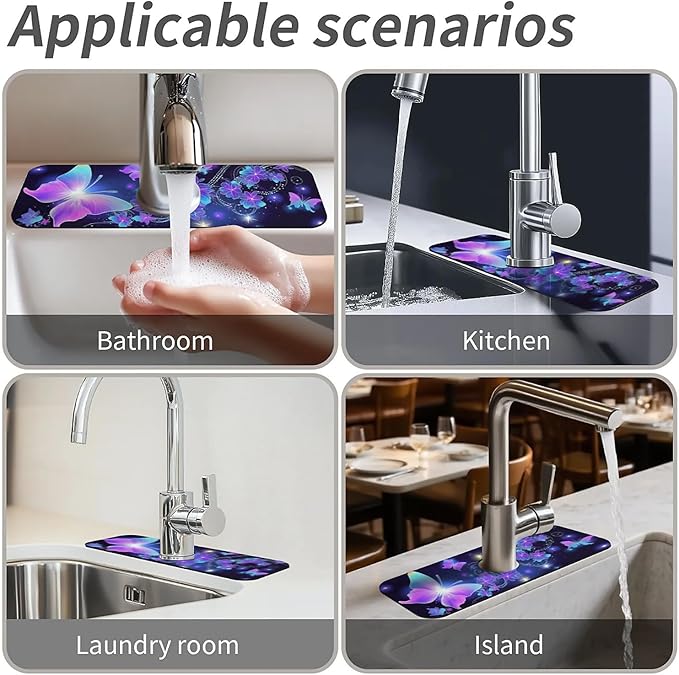 Kitchen Sink Splash Guard，Neon Butterfly Faucet Mat Sink Gadgets-Super Absorbent Fast Drying Mat Drip Catcher for Kitchen, Bathroom,Sink Mat, Dish Drying Mat, Bathroom(15" X 5.5" )