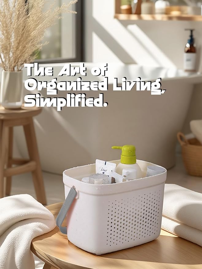 LivLab Mker Portable Shower Caddy, Cleaning Supply Organizer with Handle, College Dorm Room Essentials, Camping Tote Basket - Bathroom Storage Organizer, White Grey