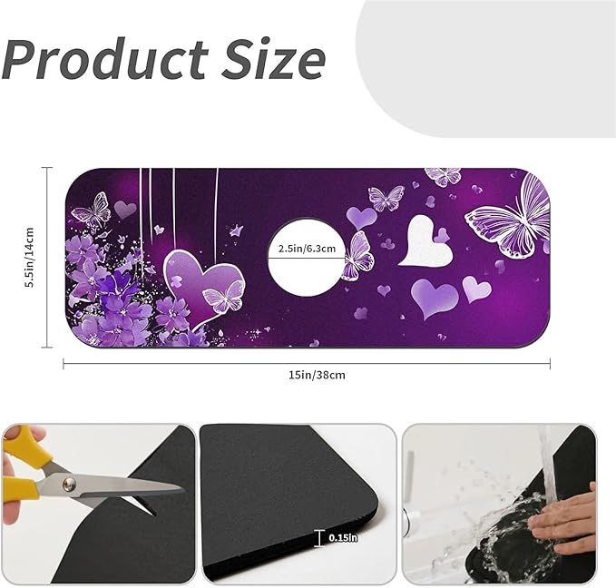 Kitchen Sink Splash Guard，Purple flowers and butterflies Faucet Mat Sink Gadgets-Super Absorbent Fast Drying Mat Drip Catcher for Kitchen, Bathroom,Sink Mat, Dish Drying Mat, Bathroom(15" X 5.5" )