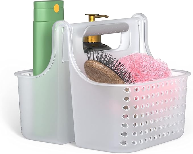Brookstone Portable Shower Caddy Basket - BPA Free Hard Plastic Shower Caddy with Handle, College Dorm Room Essentials for Bathroom Accessories and Cabinet Organizer, Frosted Clear