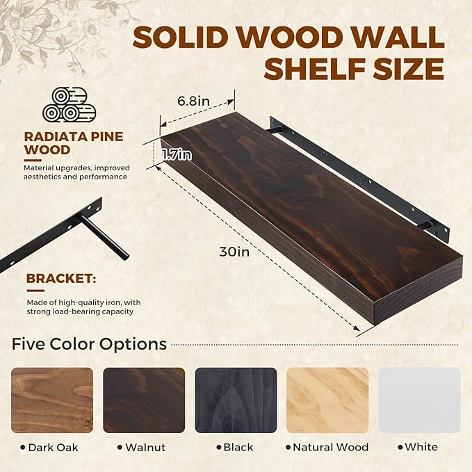 Floating Wall Shelves 30x6.8x1.7 Inch – Solid Wood Rustic Shelves in Walnut Finish – Wall Mounted Heavy Duty Display Shelf for Kitchen, Bedroom, Living Room – Set of 2