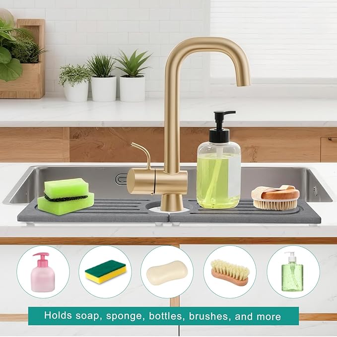 15.7”Drying Stone Faucet Mat for Kitchen Sink-Diatomite Quick Dry Kitchen Sink Splash Guard, Water Absorbent Diatomite Stone Tray,Durable Protector for Bathroom Counter (Grey, 15.7" X 3.9")