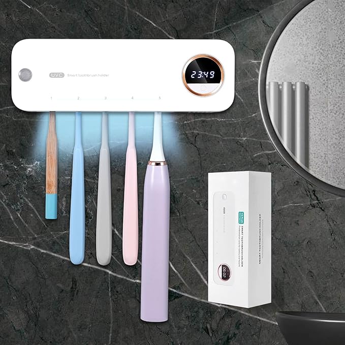 GFBEBDVToothbrush Cleaner, Electric Toothbrush Holder, Rechargeable Bathroom Wall Mounted Toothbrush Holder with Fan Drying and Timer, Holds 5 Toothbrushes and 1 Razor, Fits 99% of Toothbrushes.