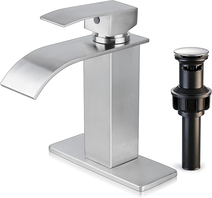 Waterfall Bathroom Faucet 3 Hole, Homikit 18/10 Stainless Steel Brushed Nickel Single Handle Bathroom Sink Faucets Set for Sink 1 or 3 Hole for RV Vanity with Drain, Hooks, Deck Plate, Hoses