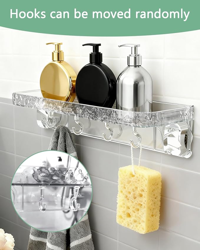 Shower Caddy Suction Cup 2-Pack, Shower Organizer with NO Drill Removable Design Powerful Suction, Holds 22lbs, 8 Hooks for Bathroom Storage, Shower Shelves Kitchen
